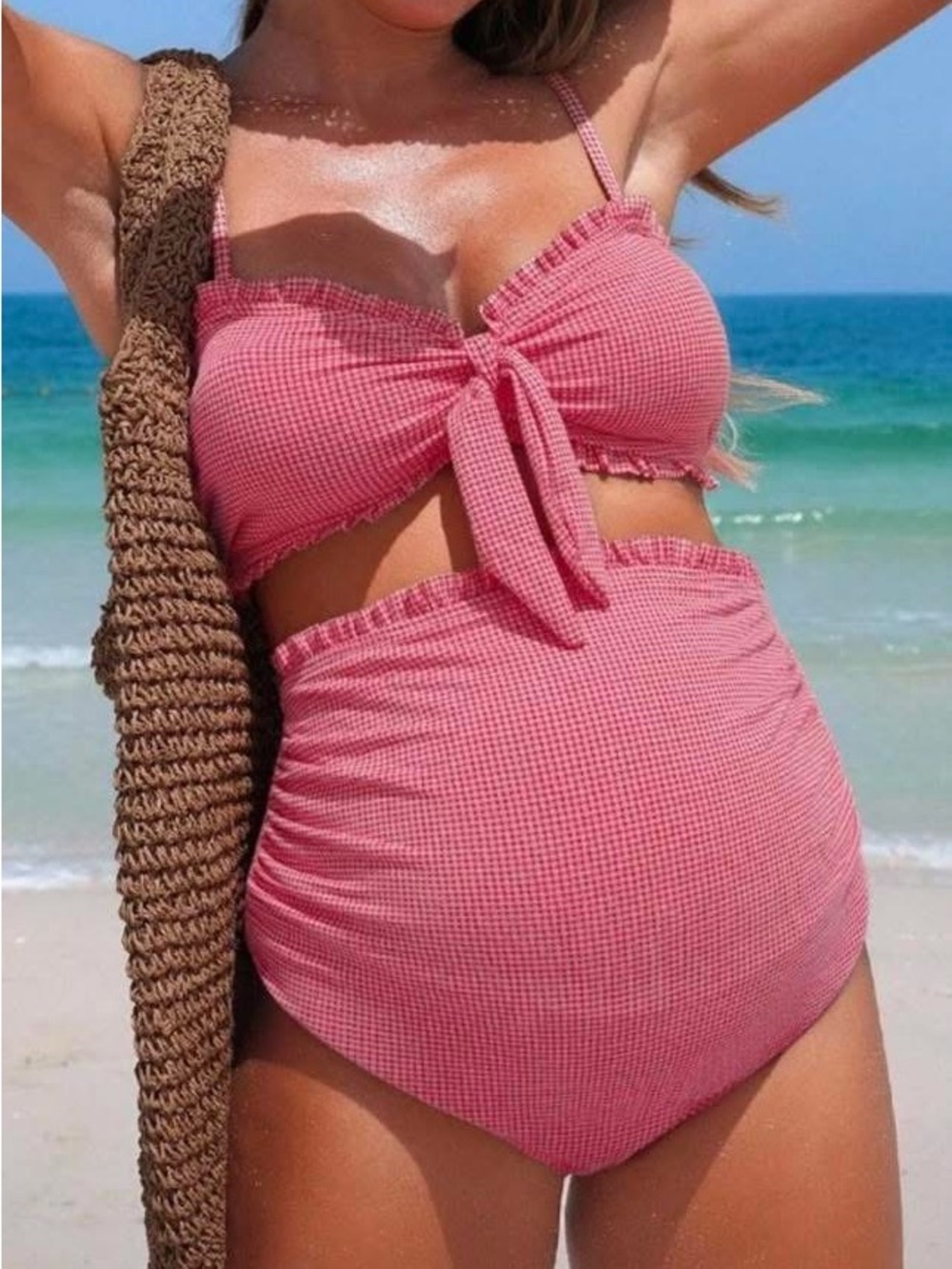 SHEIN Pink Gingham Tie-Front High-Waist Bikini